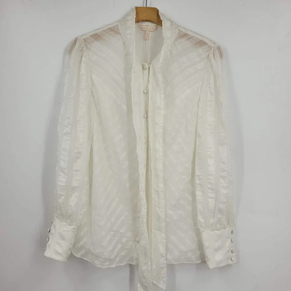 Rebecca Taylor Women's Tie Neck Satin Stripe Silk Top in Snow Size Small‎ $350 - Picture 1 of 10